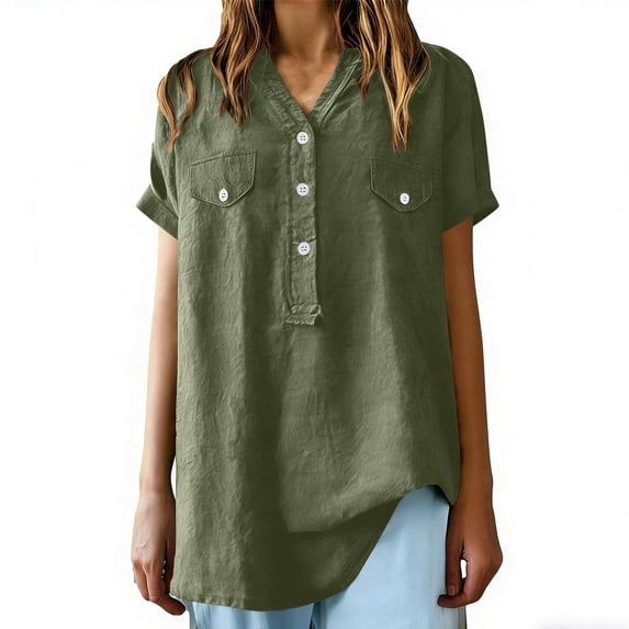 Mceream Cotton Linen Shirts for Women Loose Fit Button Down Summer Loose Fit Short Sleeve V Neck Tops Dressy Casual Oversized Tshirts Comfort Work Tops Plus Size Camisa De Algodon Para Mujer XL