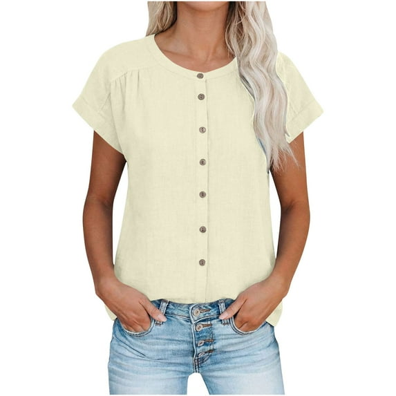 Mceream Cotton Linen Shirts for Women Loose Fit Comfy Summer Tops Trendy Buttons Tunic Blouses Beach Vacation Clothes Beige XXL