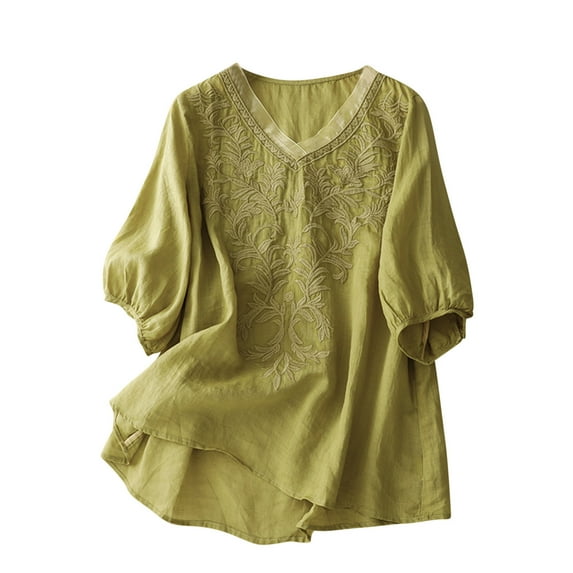 Mceream Cotton Linen Shirts for Women Trendy Summer Embroidered Boho V Neck Tops Dressy Casual Vacation Blouse Plus Size Outfits Clothes Yellow XXL
