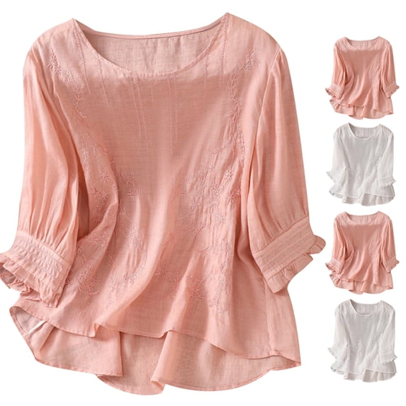 Mceream Cotton Linen Short Sleeve Shirts for Women Loose Fit 3/4 Sleeve Embroidered Boho Blouse Dressy Casual Vacation Top Plus Size Clothes Pink XL