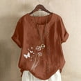 thumbnail image 1 of Mceream Cotton Linen Tops for Women Loose Fit Boho Floral Printed Short Sleeve Shirt Button Down Oversized Crew Neck Summer Tunic Tops Plus Size Coffee L, 1 of 4
