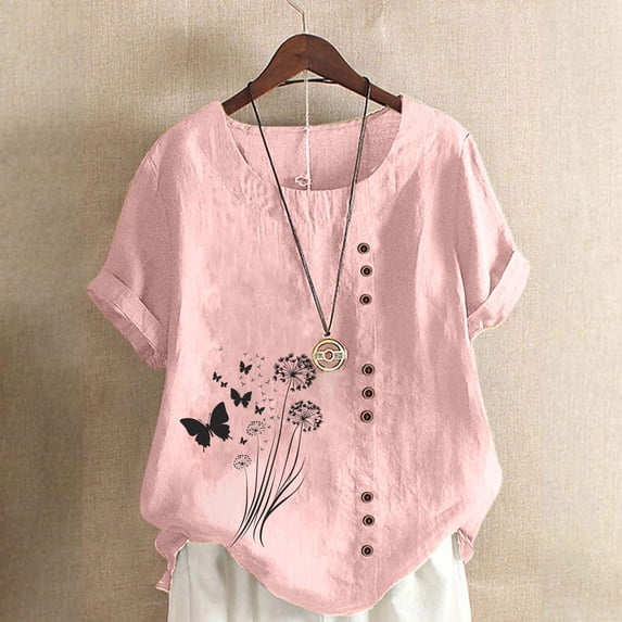 Mceream Cotton Linen Tops for Women Loose Fit Boho Floral Printed Short Sleeve Shirt Button Down Oversized Crew Neck Summer Tunic Tops Plus Size Pink XL