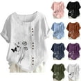 thumbnail image 1 of Mceream Cotton Linen Tops for Women Loose Fit Boho Floral Printed Short Sleeve Shirt Button Down Oversized Crew Neck Summer Tunic Tops Plus Size White XXL, 1 of 4