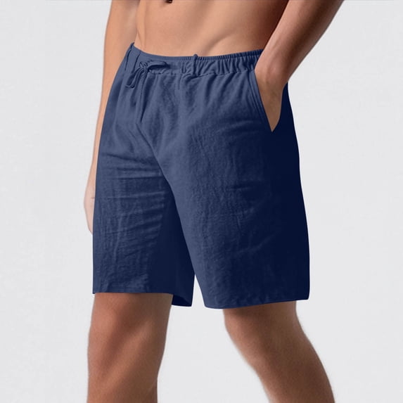 Mceream Cotton Shorts Men Drawstring Lightweight Casual Elastic Waist Summer Beach Vacation Linen Shorts with Pockets Daily Wear Outfit Navy L
