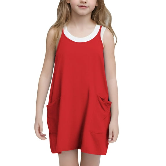 Mceream Dresses for Girls with Shorts Casual Summer Spaghetti Straps Romper Dresses with Pockets Loose Fit Backless Sleeveless Short Tennis Dresses Plus Size Mini Dress for Kid 5 Years