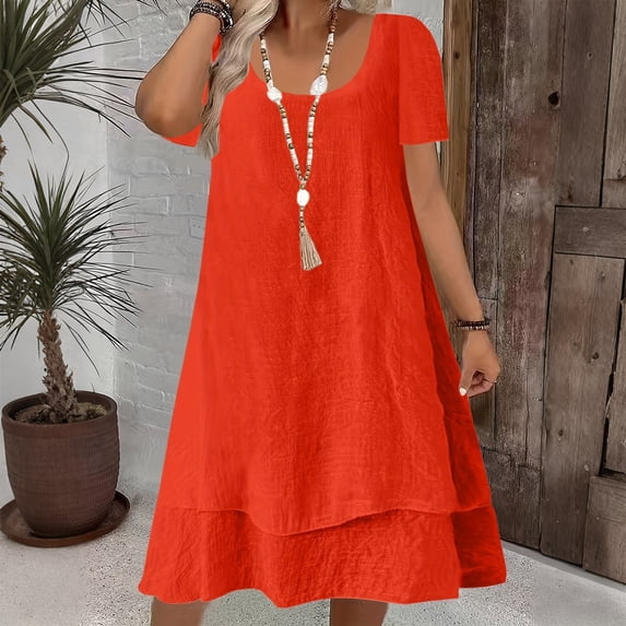 Maqroz Dresses for Women Plus Size 2026 Casual Summer Tshirt Dress Casual Scoop Neck Wedding Guest Dress Short Sleeve Fashion Beach Vacation Clothes Cover Ups Orange L