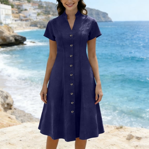 Mceream Dresses for Women Plus Size Short Sleeve Denim Chambray Midi Dress Loose Fit Button Down V Neck Shirts Dresses A Line Long Casual Summer Dress Vestidos Elegantes De Mujer Navy L