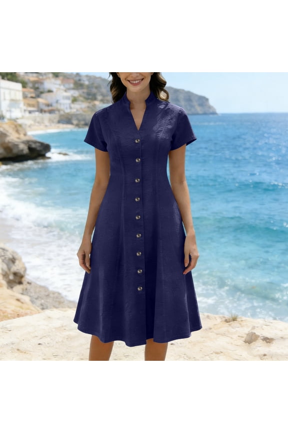 Dresses for Women Plus Size Short Sleeve Denim Chambray Midi Dress Loose Fit Button Down V Neck Shirts Dresses A Line Long Casual Summer Dress Vestidos Elegantes De Mujer Navy L