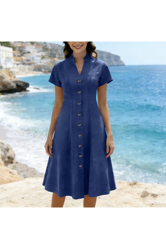 Dresses for Women Plus Size Short Sleeve Denim Chambray Midi Dress Loose Fit Button Down V Neck Shirts Dresses A Line Long Casual Summer Dress Vestidos Elegantes De Mujer Blue L