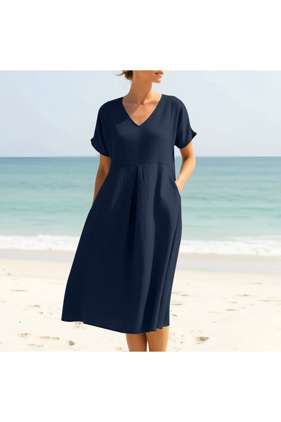 Dresses for Women Plus Size Summer Short Sleeve Pleated Swing Midi Dresses with Pockets Vacation A-Line V Neck Sundresses Vestidos Para Mujer Navy M