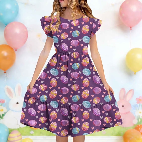 Maqroz Easter Dresses for Girls Floral Flutter Sleeve Crew Neck Midi Casual A Line Dress Spring Summer Graphic Print Holiday Pleated Sundress 5-14 Years