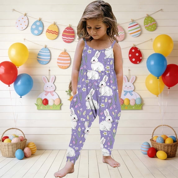 Mceream Easter Jumpsuit for Baby Girls Cute Strap Jumpsuit One-Piece Romper with Pockets Casual Print Overalls Sleeveless Jumpsuit Loose Fit 1-6 Years