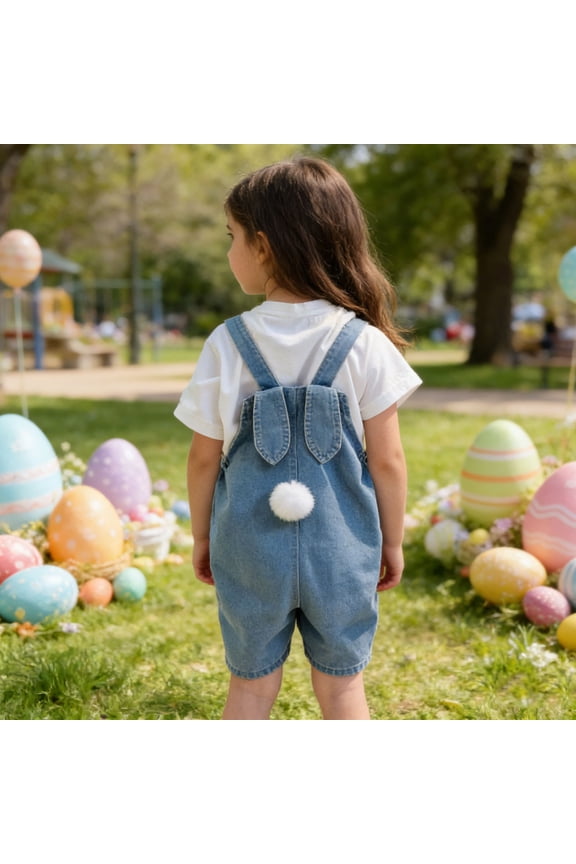 Easter Outfit Baby Girl Boy Denim Overall Pants for Boys Girls Bunny Ear Romper with Pom Pom Tail Jeans Jumpsuit Matching Easter Outfits for Siblings Cute Workwear Bib Pants 9M-6 Years