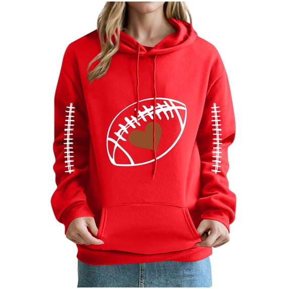 Mceream Game Day Baseball Hoodies for Women with Pockets Graphic Print Pullover Sweatshirt Tops Crew Neck Long Sleeve Cute Game Day Weekend Tops Casual Football Season Shirt Red S