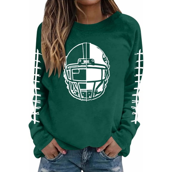 Mceream Game Day Sweatshirt Women Football Funny Graphic Shirt Knit Game Day Pullover Tops Casual Long Sleeve Football Season Shirt Green L
