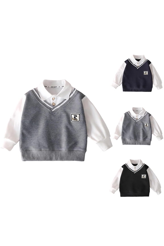 Girks Boys Sweatshirts School Uniform Shirts Lapel Button Down Long Sleeve Fake Two Piece Pullover Tops Back to School Clothes Outfit Uniforme Escolar Para NiñAs 1-14 Years