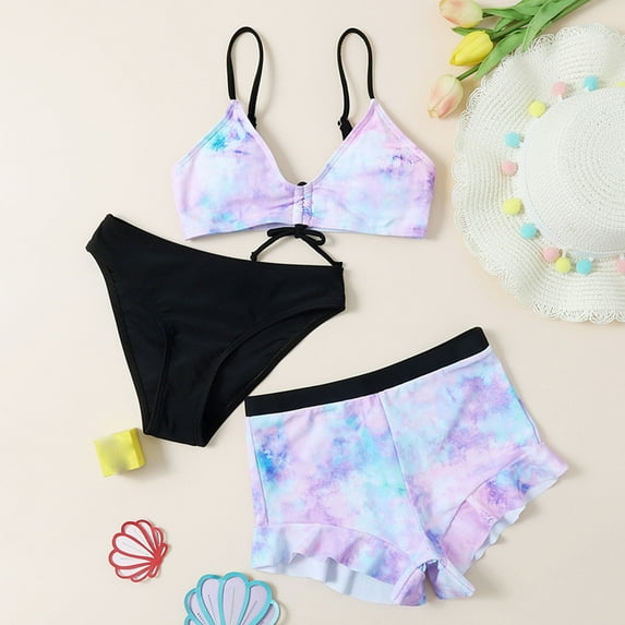 Mceream Girl's 3 Piece Bikini Bathing Suit Gradient Crop Swim Top with Shorts and Bottoms Cove Up Sets High Waist Summer Hawaii Teen Girl's Swimwear 6-14 Years