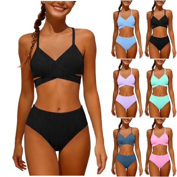 Mceream Girls' 2 Piece Ditsy Floral Print Knot Front Ruched Triangle Bikini Swimsuit High Waisted V Neck Adjustable Spaghetti Straps Bathing Suit 5-16 Years