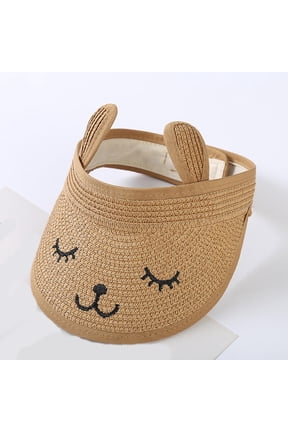 Girls Boys Straw Visor Sun Hat Cute Rabbit Ears Sun Protection Caps Summer Adjustable Beach Sunhat with Wide Brim Outdoor 2-6 Years