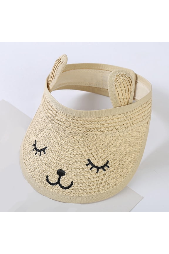 Girls Boys Straw Visor Sun Hat Cute Rabbit Ears Sun Protection Caps Summer Adjustable Beach Sunhat with Wide Brim Outdoor 2-6 Years