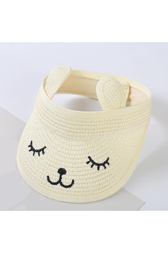Girls Boys Straw Visor Sun Hat Cute Rabbit Ears Sun Protection Caps Summer Adjustable Beach Sunhat with Wide Brim Outdoor 2-6 Years