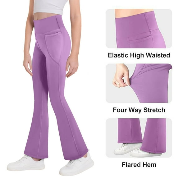 Mceream Girls Flare Pants with Pockets V Crossover High Waisted Bootcut Yoga Pants Dance Bell Bottoms Leggings Pantalones Acampanados Para NiñAs 6-15 Years