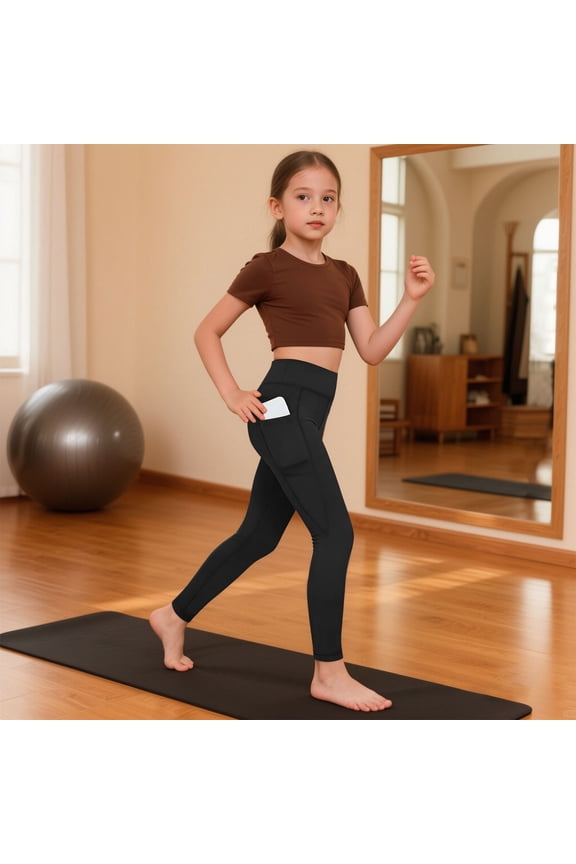 Girls Leggings with Pockets Cotton Stretchy Soft Comfortable Full Length Yoga Leggings High Waisted Workout Athletic Dance Running Tights Yoga Pants 4-13 Years