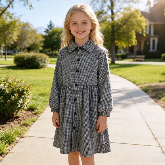 Maqroz Girls Long Sleeve Dresses Spring Summer Lapel Party Dress Button up Pleated Waist Loose Casual Linen Midi Dress 5-14 Years