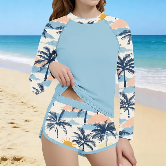 Mceream Girls Long Sleeve Rash Guard Swim Suit 2 Piece Swim Shirt and Shorts Set Sun Protection Bathing Suit Hawaii Print Quick Dry Beachwear 6-15 Yrears