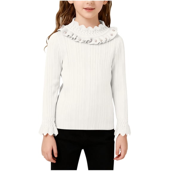 Mceream Girls Mock Neck Shirt Cute Ruffle Ribbed Knit Pullover Tops Shirt Long Sleeve Tops Casual Fashion Outfit Warm Soft School Uniform Clothes Blouse 2-10 Years