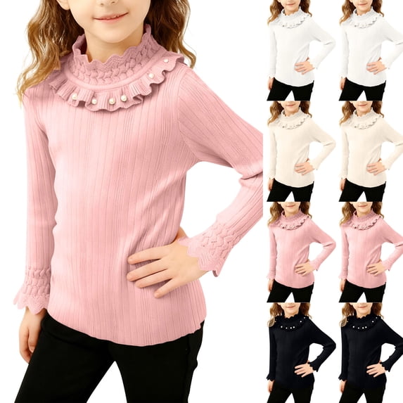 Mceream Girls Mock Neck Shirt Cute Ruffle Ribbed Knit Pullover Tops Shirt Long Sleeve Tops Casual Fashion Outfit Warm Soft School Uniform Clothes Blouse 2-10 Years