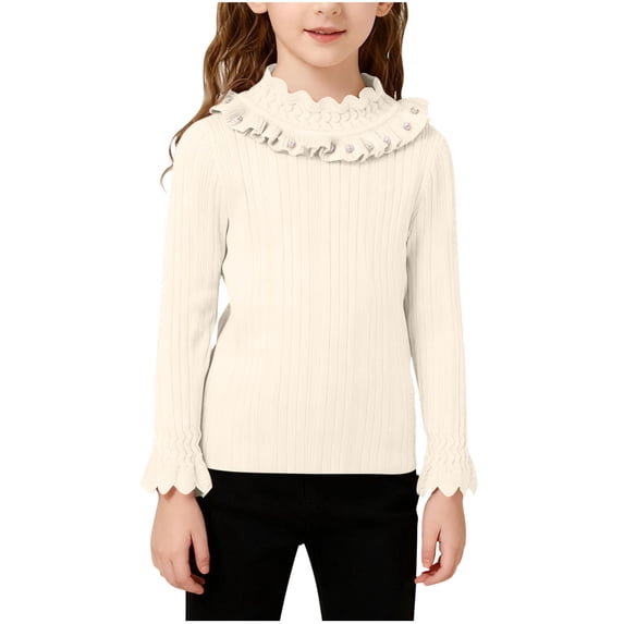 Mceream Girls Mock Neck Shirt Cute Ruffle Ribbed Knit Pullover Tops Shirt Long Sleeve Tops Casual Fashion Outfit Warm Soft School Uniform Clothes Blouse 2-10 Years