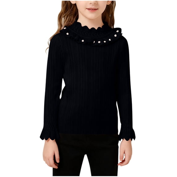 Mceream Girls Mock Neck Shirt Cute Ruffle Ribbed Knit Pullover Tops Shirt Long Sleeve Tops Casual Fashion Outfit Warm Soft School Uniform Clothes Blouse 2-10 Years