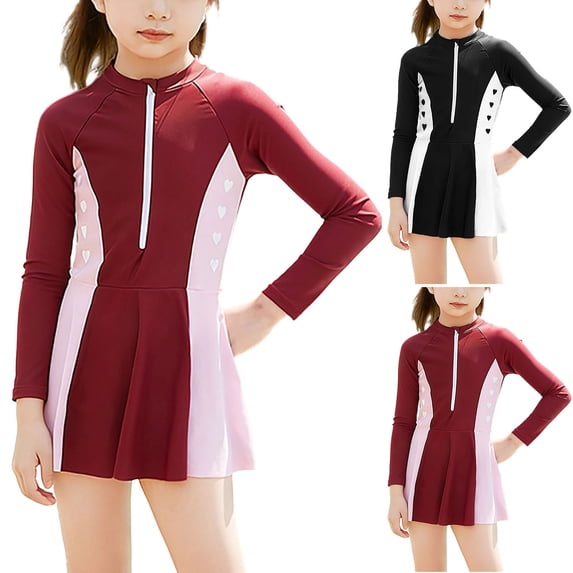 Mceream Girls One Piece Swimsuits Long Sleeve Zipper Front Swim Dress Teens Quick Dry Swimwear Print Crew Neck Rash Guard Bathing Suits 5-12 Years