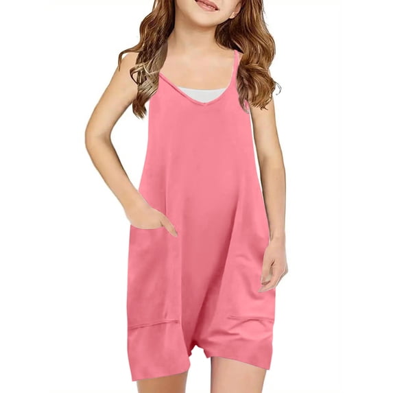 Mceream Girls Overalls Shorts Summer Casual Sleeveless Adjustable Strap Jumpers School Uniform with Pockets Casual One Piece Romper with Pockets 5-14 Years