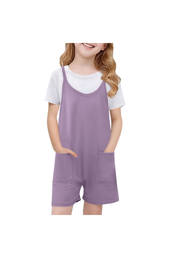 Girls Overalls Shorts Summer Casual Sleeveless Adjustable Strap Jumpers School Uniform with Pockets Casual One Piece Romper with Pockets 5-14 Years
