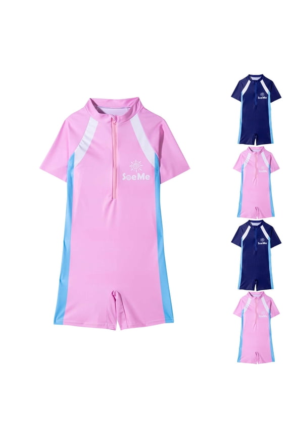 Girls Rash Guard One Piece Swimsuit Short Sleeve Half Zip Color Block Water Sport Full-Coverage Bathing Suit Summer Beach Surfing Swimwear 3-14 Years