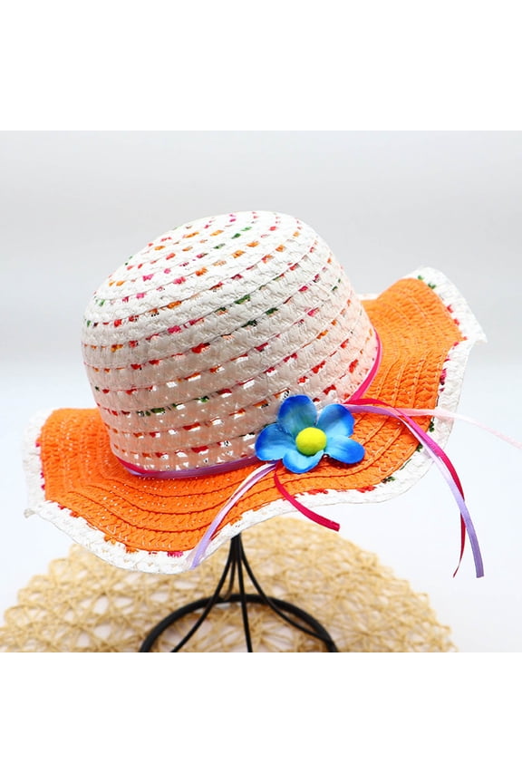 Girls Straw Hats for Kids Ages 3-7 Summer Beach Sunhat Cute Flower Bow Woven Wide Brim Sun Hat for Vacation Beach Party UV Sun Protection Caps Outdoor 3-7 Years