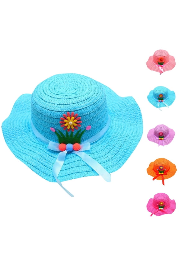 Girls Straw Hats for Kids Ages 3-7 Summer Beach Sunhat Cute Flower Bow Woven Wide Brim Sun Hat for Vacation Beach Party UV Sun Protection Caps Outdoor 3-7 Years