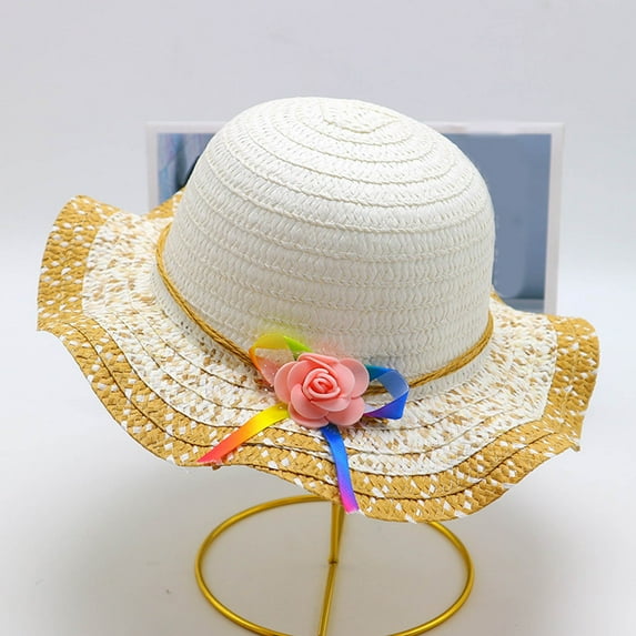 Mceream Girls Straw Hats for Kids Ages 3-7 Summer Beach Sunhat Cute Flower Bow Woven Wide Brim Sun Hat for Vacation Beach Party UV Sun Protection Caps Outdoor 3-7 Years