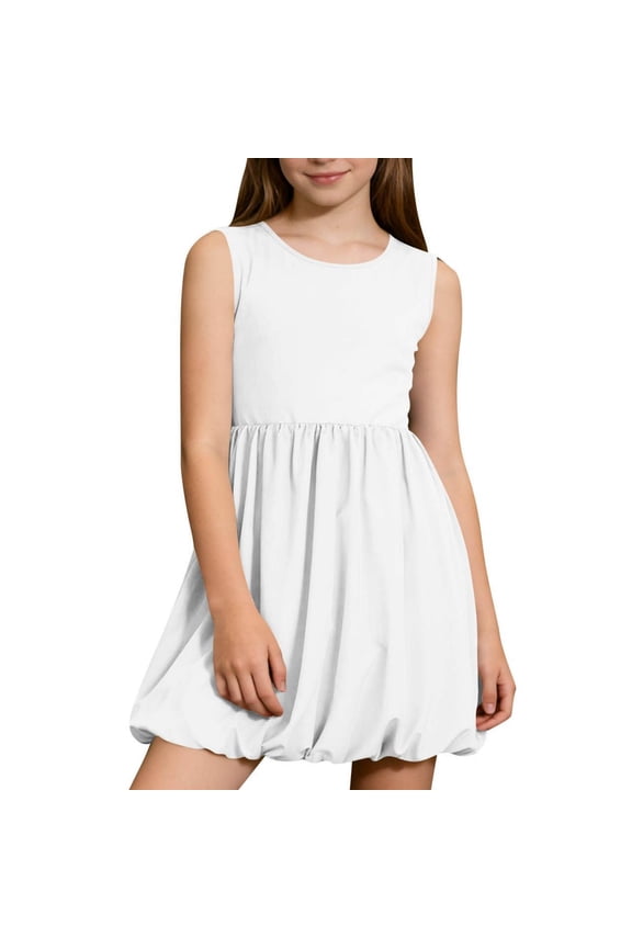 Mceream Girls Summer Sleeveless Bubble Dress Casual Kids Summer A Line Beach Sundress Cute Crew Neck Tank Mini Dresses 4-14 Years