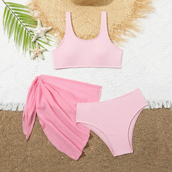 Mceream Girls Swimsuit 3 Piece Bathing Suit Bikini Set Sheer Mesh Cover up Swimwear Bath Suit Summer Beach Pool Skirt Cute Ruched Swimsuit 8-12 Years