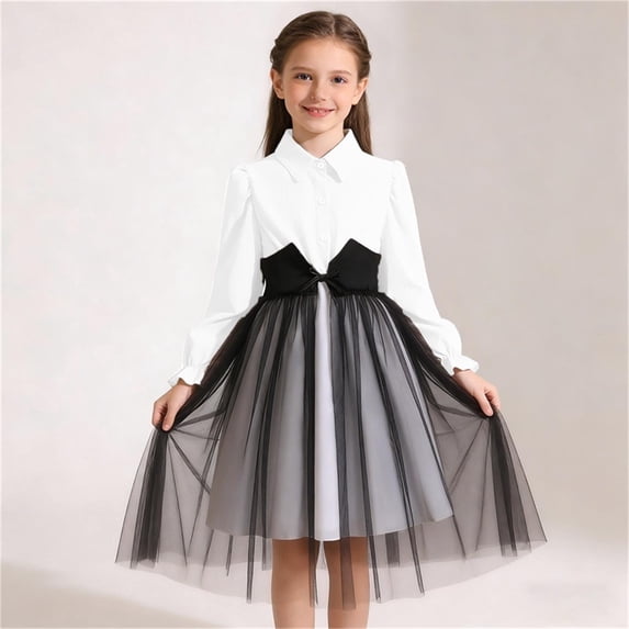 Maqroz Girls Tutu Dresses Long Sleeve Spring Button Front Party Tulle Party Dresses Lapel Puff Sleeve Holiday Summer Clothes 8-13 Years