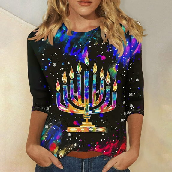 Mceream Hanukkah 3/4 Sleeve Shirts for Women Trendy Summer Crewneck Lightweight Tops Plus Graphic Tees Fall Blouses Plus Size Print Fashion Outfits Clothes 2025 Vestido Para NiñAs L