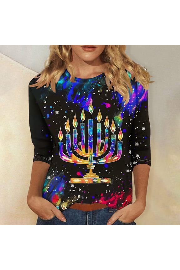 Hanukkah 3/4 Sleeve Shirts for Women Trendy Summer Crewneck Lightweight Tops Plus Graphic Tees Fall Blouses Plus Size Print Fashion Outfits Clothes 2025 Vestido Para NiñAs L