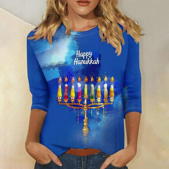 Mceream Hanukkah Womens 3/4 Sleeve Shirts Dressy Casual Plus Size Crewneck Tunic Tops Loose Fit Tees Red Blouses Business Casual Print 2025 Dressy Casual Spring Summer Outfits Vestido Para NiñAs L