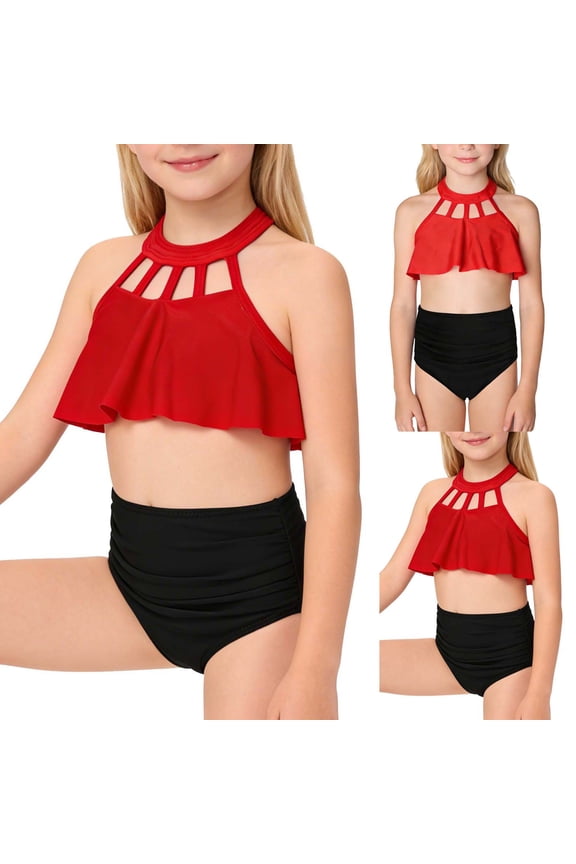 High Waisted Bikini Sets for Teen Girls Adjustable Straps 2 Piece Swumsuit Summer Solid Color Bathing Suit Beach Swimwear for Teen and Junior 2-12 Years