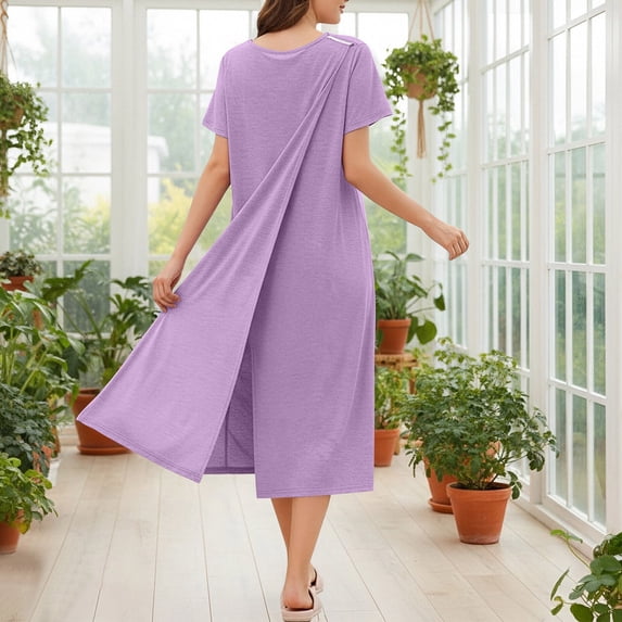 Mceream Hospital Gowns for Women Open Back Labor Delivery Shoulder Surgery Dress Adaptive Clothing Night Robes for Elderly Plus Size Purple M