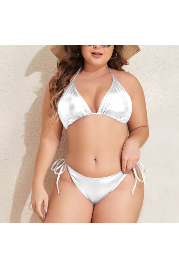 Ladies' Split Swimsuit Hot Stamping Fabric Hanging Neck Bikini Silver XL