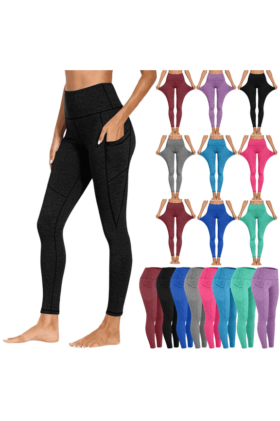 Leggings with Pockets for Women Tummy Control High Waisted Yoga Pants Butt Lift Leggings with Two Side Pockets Quick Dry Pull on Stretchy Workout Athletic Gym Tights Black L